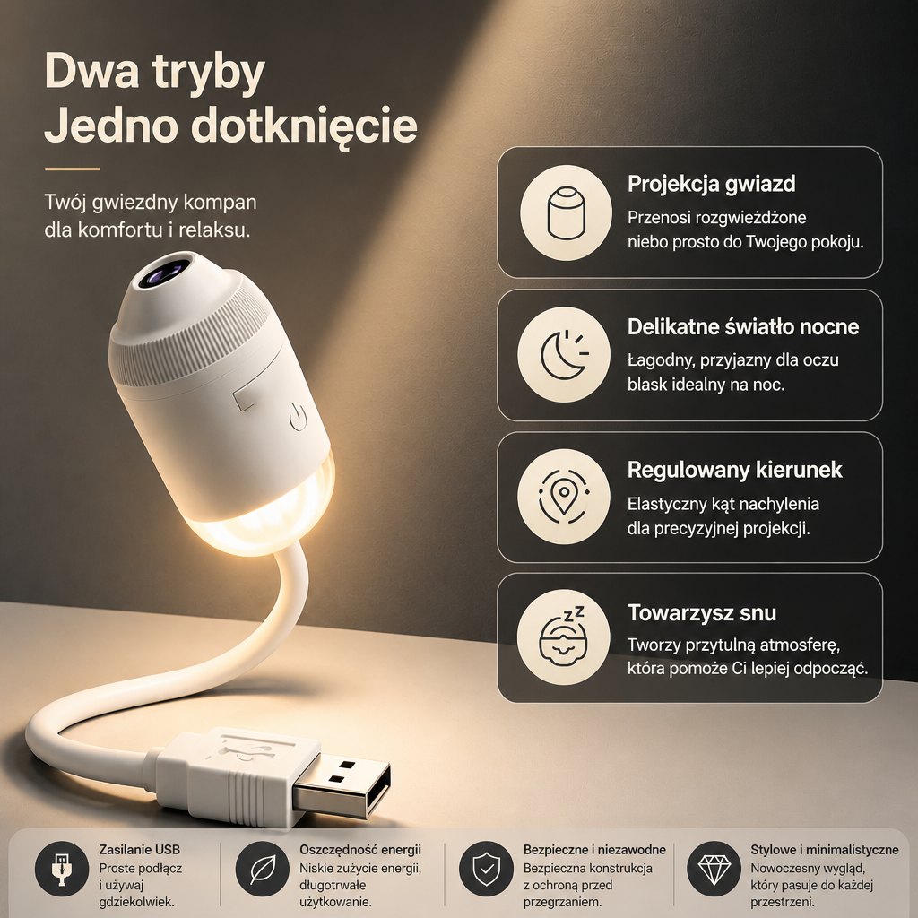 Ściemnialny projektor galaktyki NightSky USB z gwiazdami i efektem zorzy polarnej