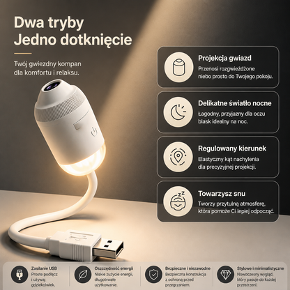Ściemnialny projektor galaktyki NightSky USB z gwiazdami i efektem zorzy polarnej