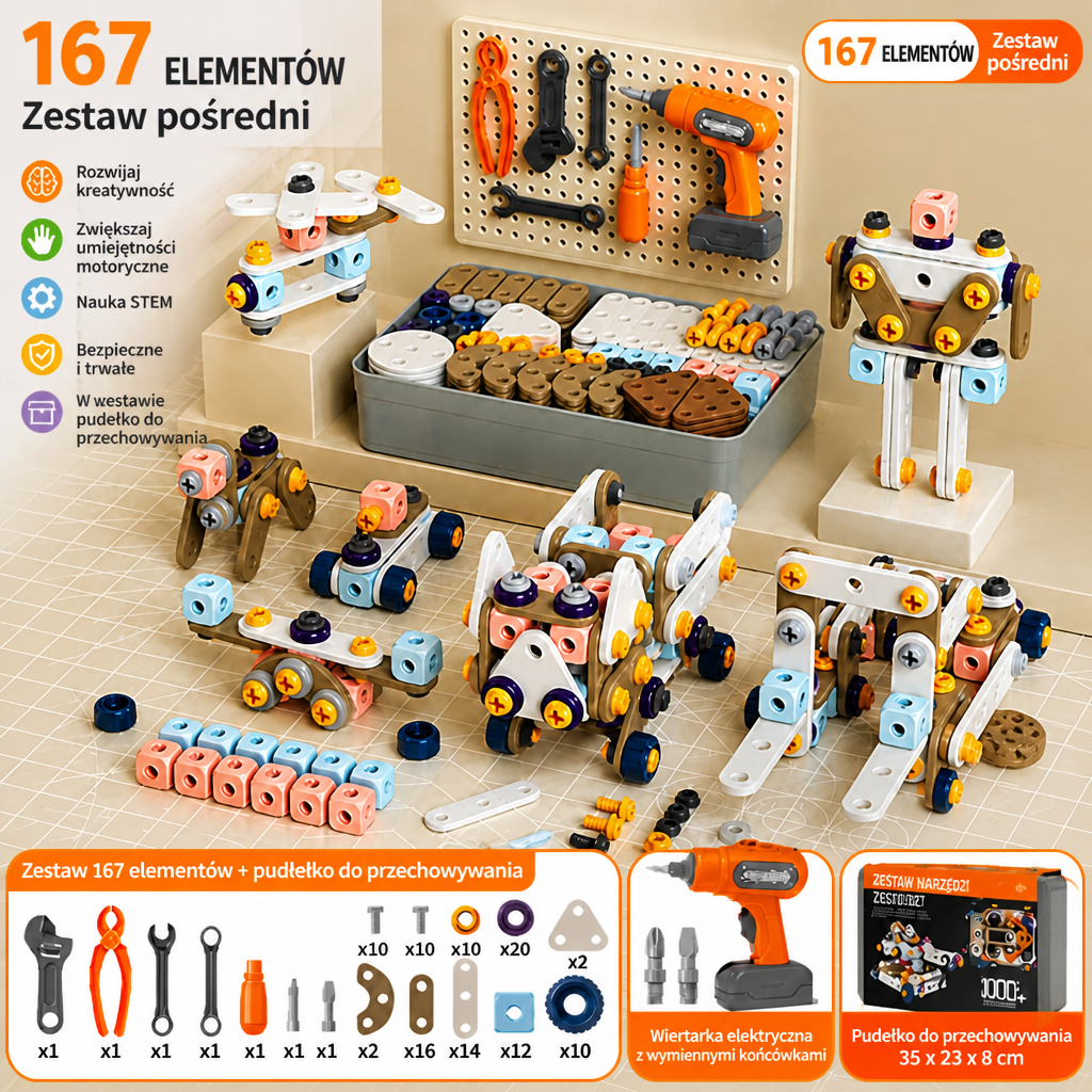 Zestaw narzędzi DIY dla dzieci z elektryczną wiertarką – zestaw konstrukcyjny STEM