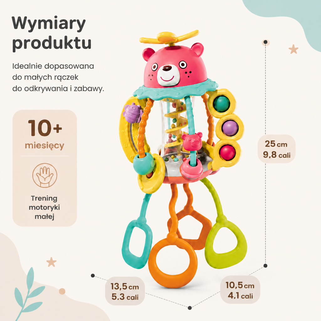 Wielosensoryczny gryzak 3 w 1 z linkami do przeciągania, grzechotką i dźwiękiem deszczu dla niemowląt