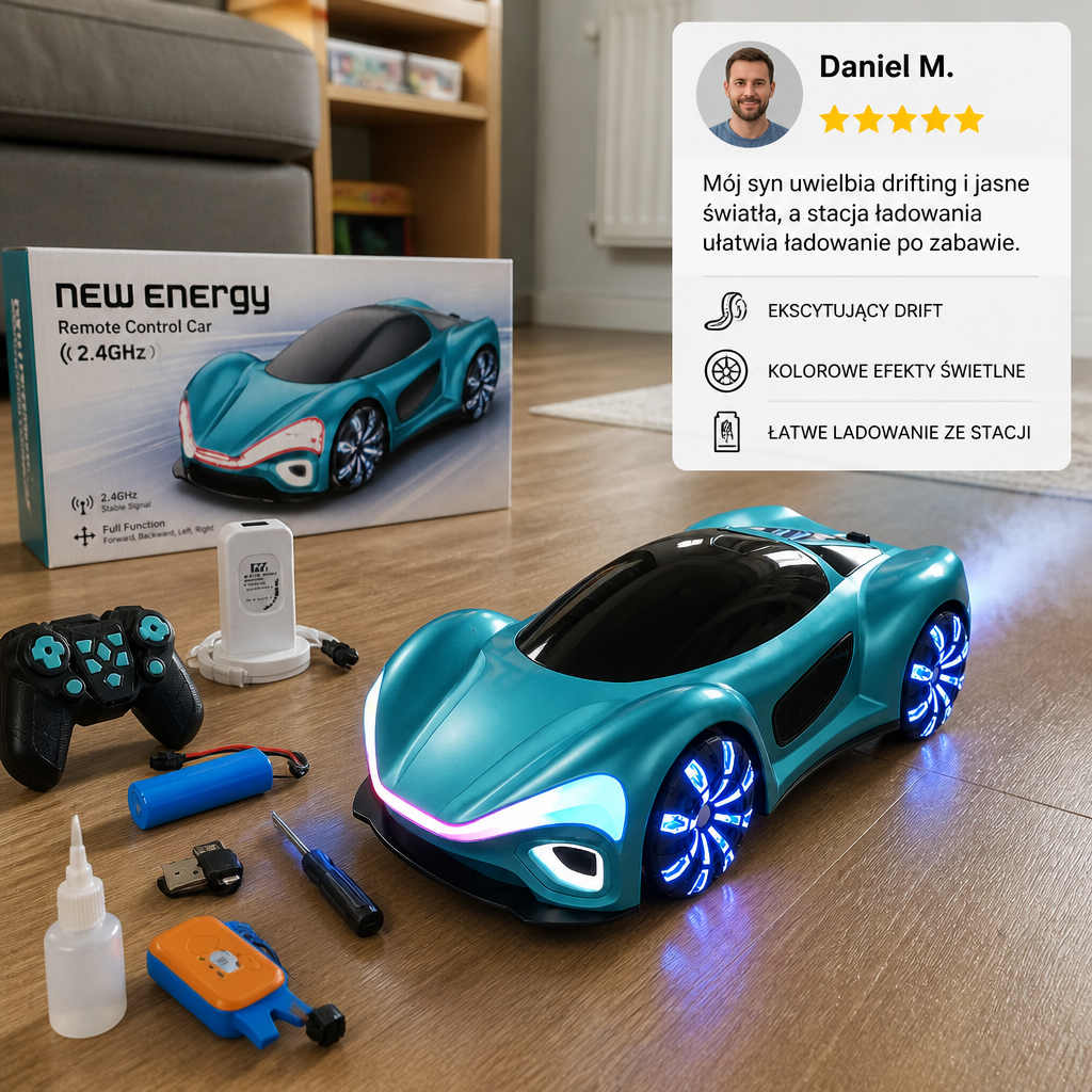 Podświetlany samochód RC do driftu z efektem mgiełki i stacją ładującą