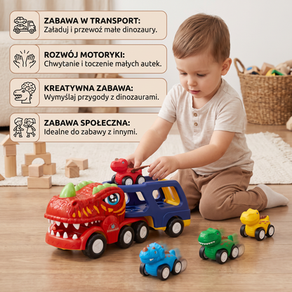 Zestaw ciężarówki transportowej z dinozaurami i mini samochodzikami z dinozaurami
