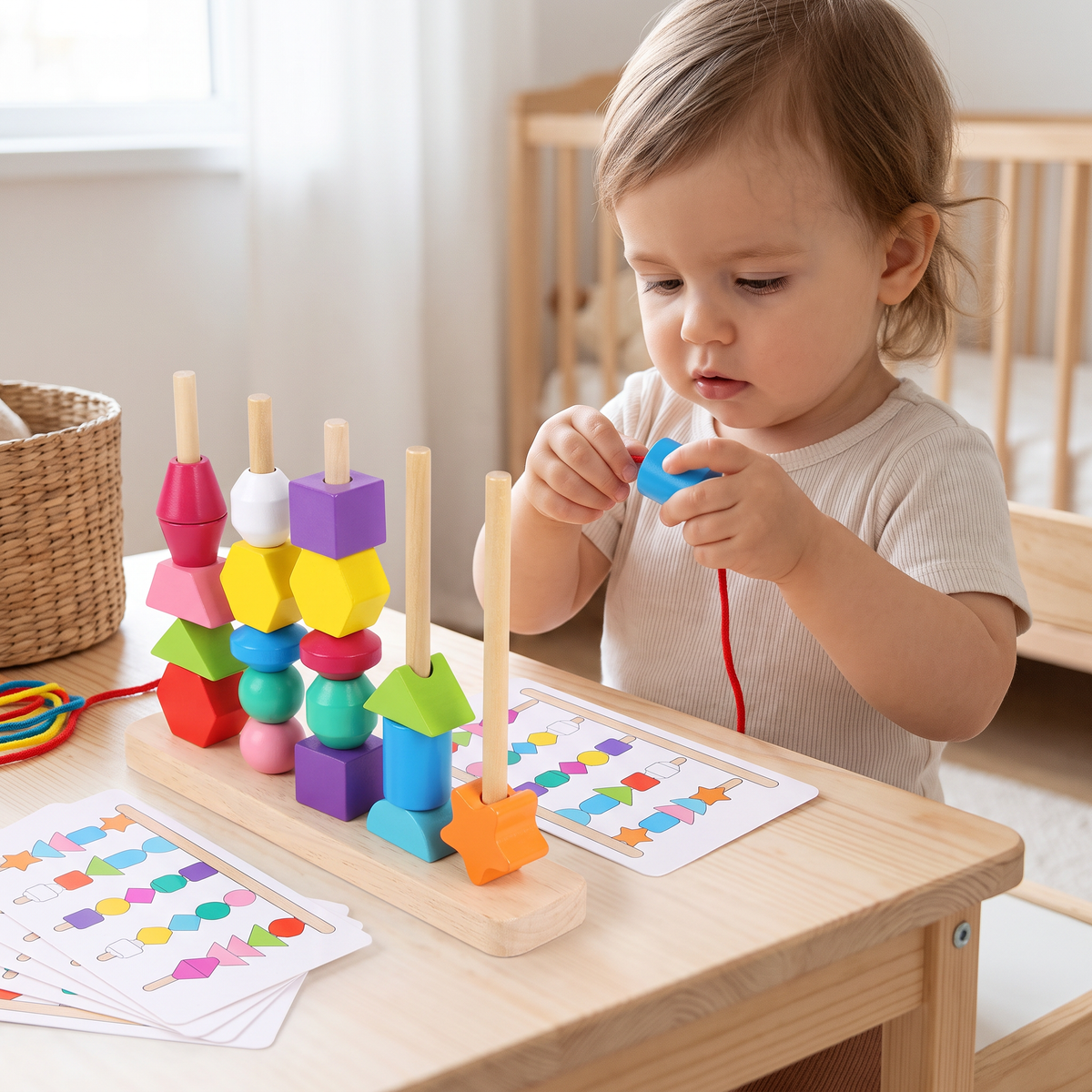 Drewniana zabawka Montessori do nawlekania kolorów i kształtów