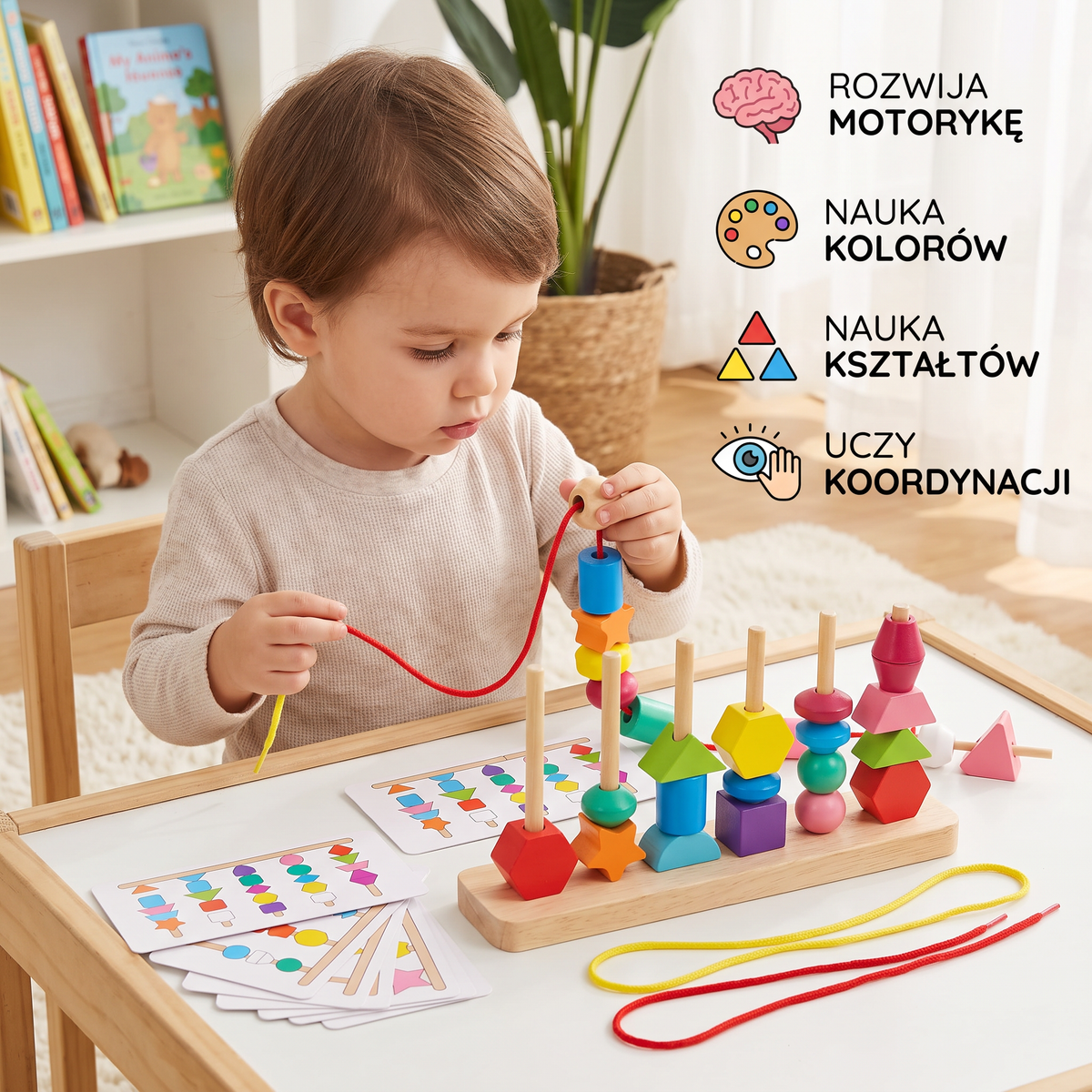 Drewniana zabawka Montessori do nawlekania kolorów i kształtów