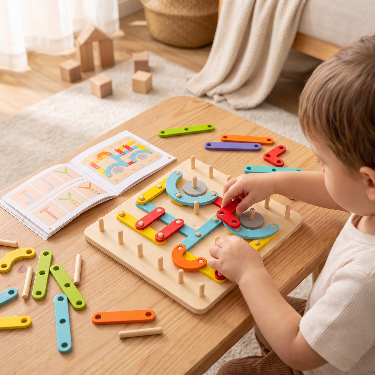Kreatywna drewniana układanka Montessori z wbijanymi kołeczkami