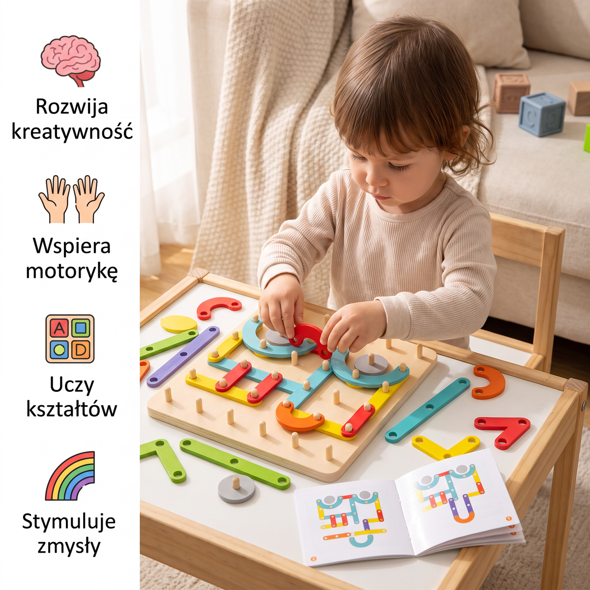Kreatywna drewniana układanka Montessori z wbijanymi kołeczkami