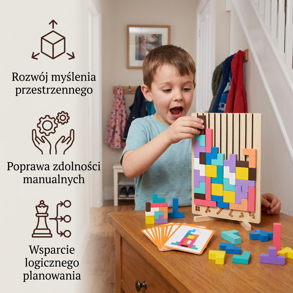 Montessori drewniana gra z klockami i kształtami
