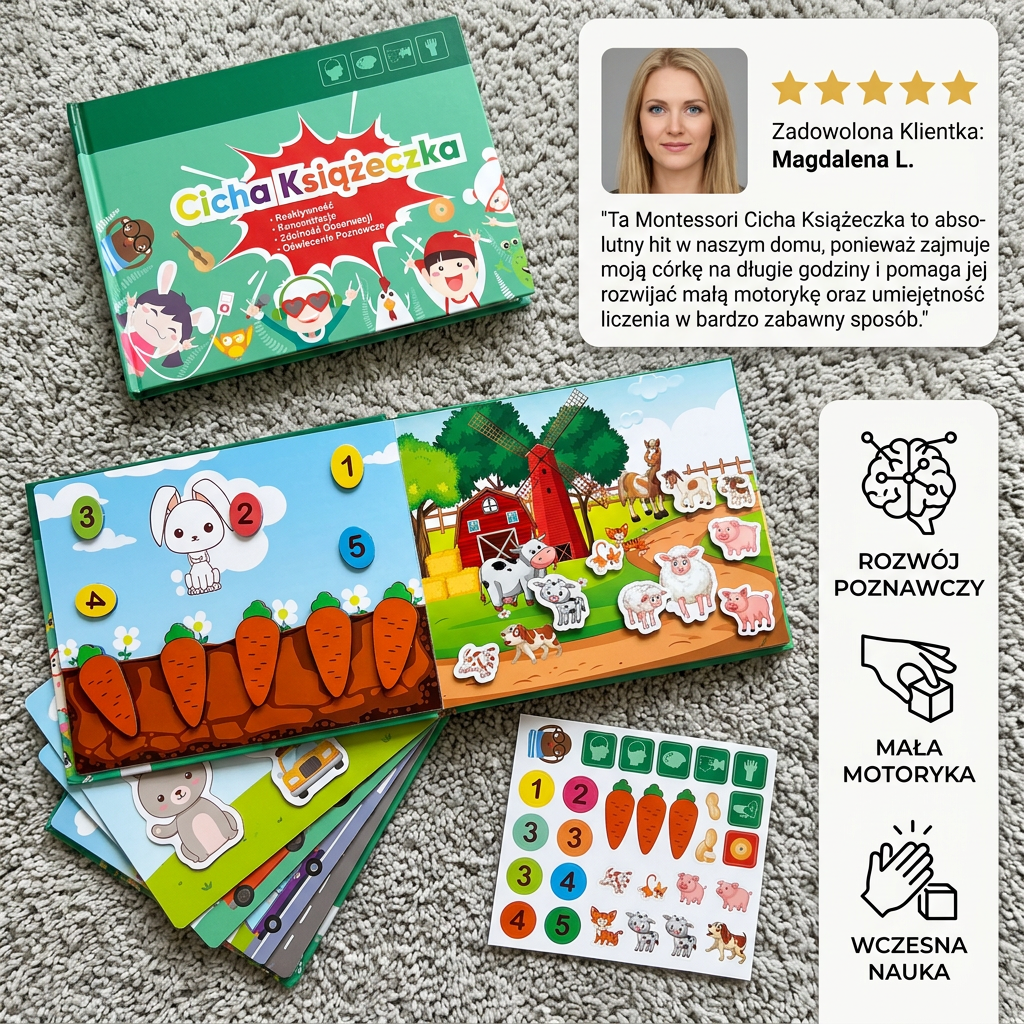 Montessori – wielorazowa książeczka z naklejkami dla dzieci do nauki i aktywnej zabawy