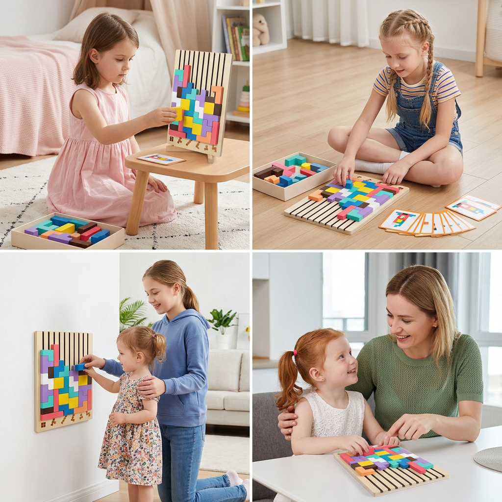 Montessori drewniana gra z klockami i kształtami