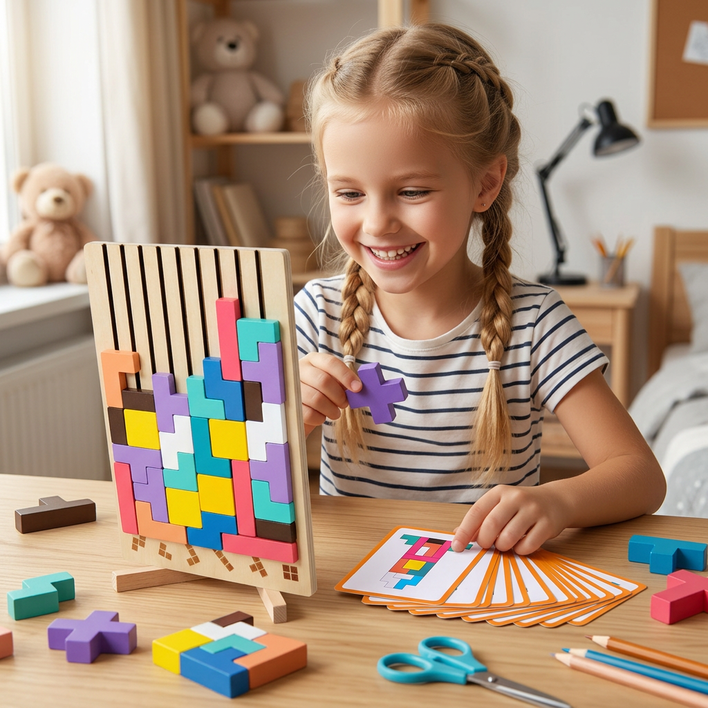 Montessori drewniana gra z klockami i kształtami