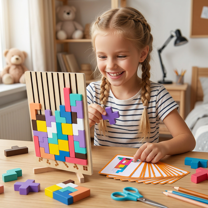 Montessori drewniana gra z klockami i kształtami