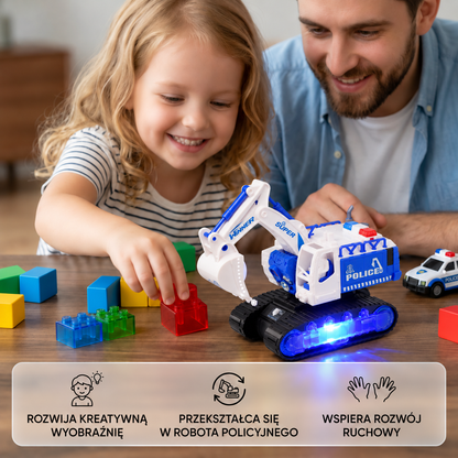 Policyjna koparka transformująca w robota – interaktywna zabawka ze światłem i dźwiękiem