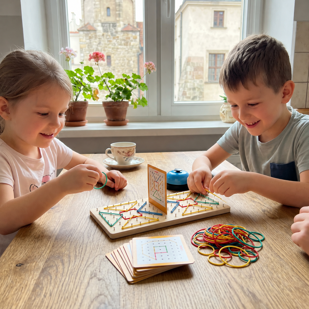 Drewniana gra bitewna Montessori – Geometria z kolorowymi gumkami