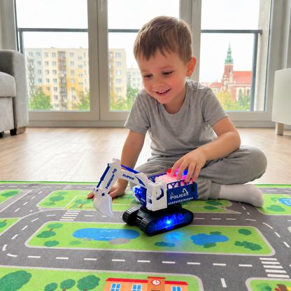 Policyjna koparka transformująca w robota – interaktywna zabawka ze światłem i dźwiękiem