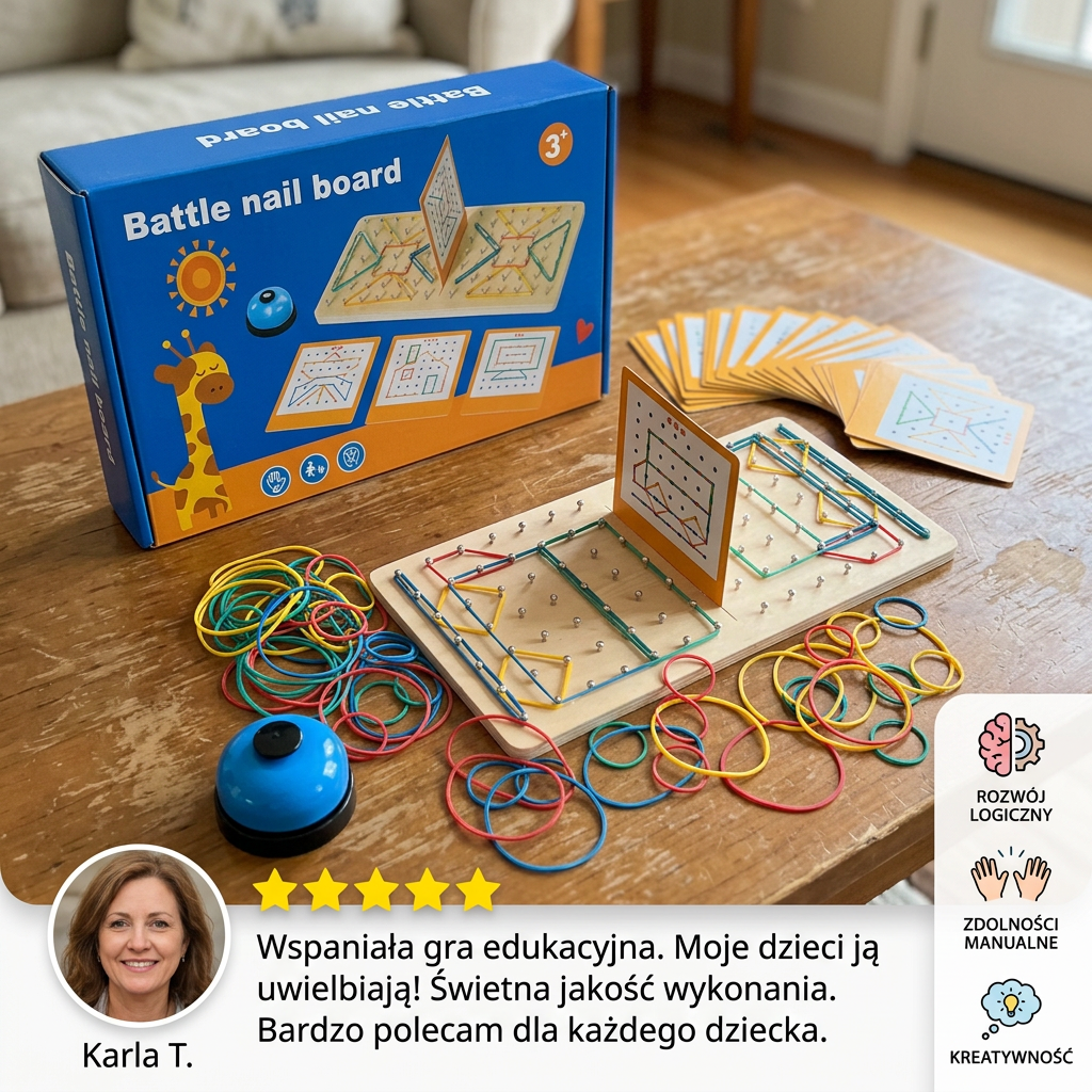 Drewniana gra bitewna Montessori – Geometria z kolorowymi gumkami