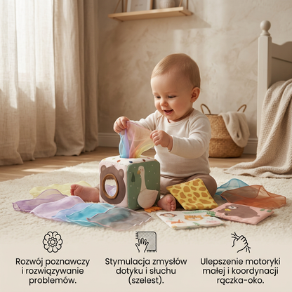 Sensoryczne pudełko Montessori dla niemowląt – miękka zabawka z szeleszczącymi chusteczkami do dotykania i odkrywania