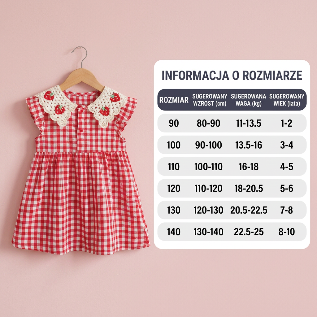 Letnia sukienka dziewczęca z truskawkowym kołnierzykiem – bawełniana sukienka w kratkę