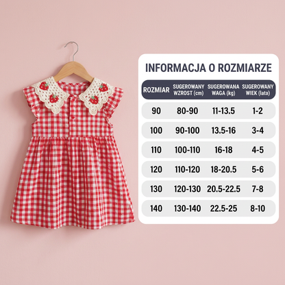 Letnia sukienka dziewczęca z truskawkowym kołnierzykiem – bawełniana sukienka w kratkę