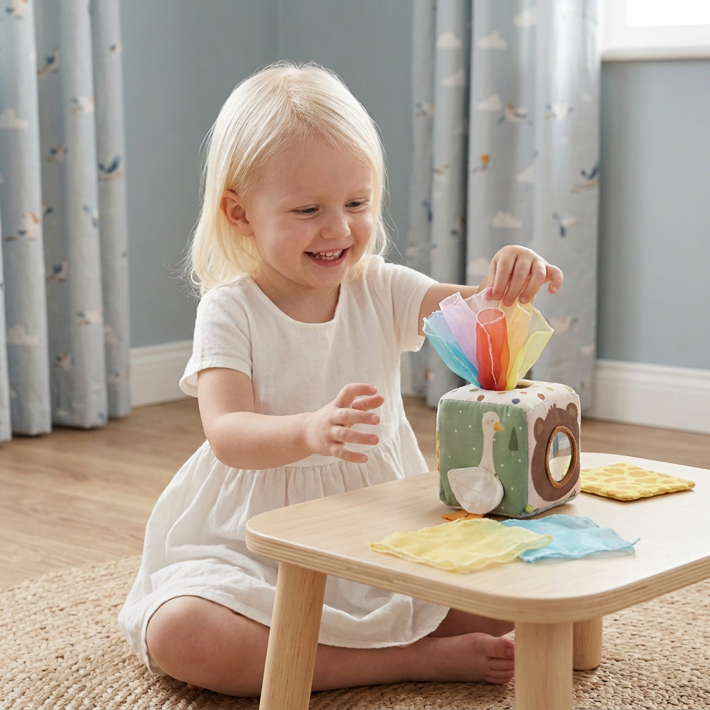 Sensoryczne pudełko Montessori dla niemowląt – miękka zabawka z szeleszczącymi chusteczkami do dotykania i odkrywania
