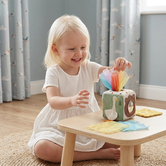 Sensoryczne pudełko Montessori dla niemowląt – miękka zabawka z szeleszczącymi chusteczkami do dotykania i odkrywania