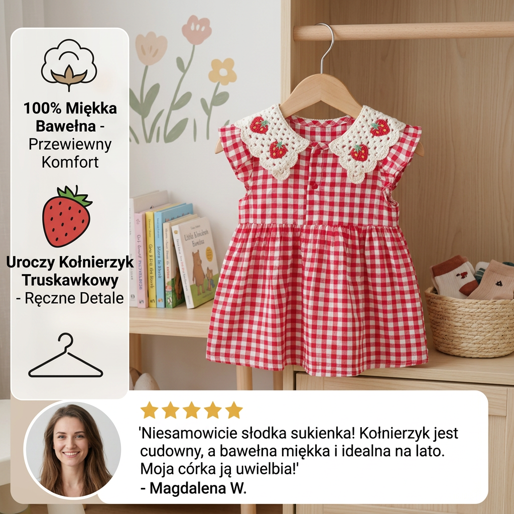 Letnia sukienka dziewczęca z truskawkowym kołnierzykiem – bawełniana sukienka w kratkę