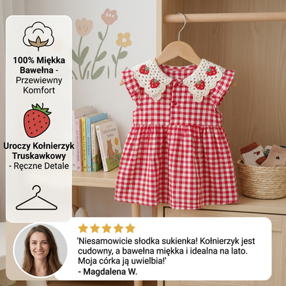 Letnia sukienka dziewczęca z truskawkowym kołnierzykiem – bawełniana sukienka w kratkę