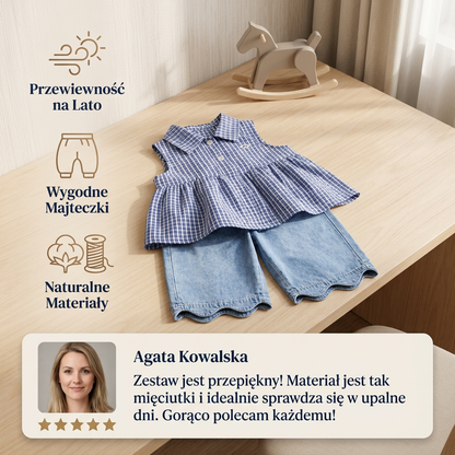 Dziewczęcy komplet dwuczęściowy na wiosnę i lato – top w kratkę z mieszanki bawełny i uniwersalne spodnie jeansowe