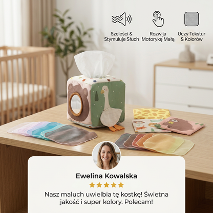 Sensoryczne pudełko Montessori dla niemowląt – miękka zabawka z szeleszczącymi chusteczkami do dotykania i odkrywania