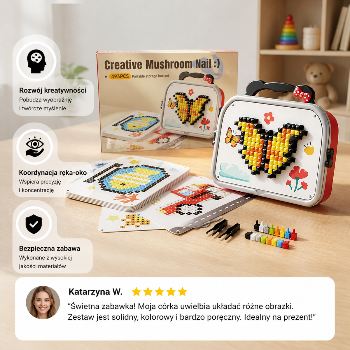 Montessori Zestaw Mozaiki z Grzybkami i Tablicą do Wbijania dla Dzieci
