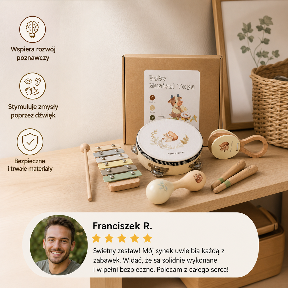 Drewniany zestaw instrumentów muzycznych Montessori dla niemowląt – sensoryczna zabawka edukacyjna