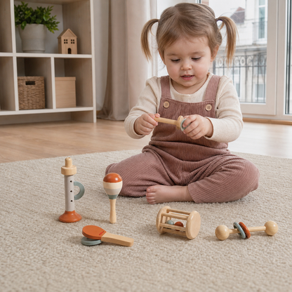 Montessori – drewniany zestaw muzyczny dla niemowląt, 5-elementowy zestaw sensorycznych grzechotek