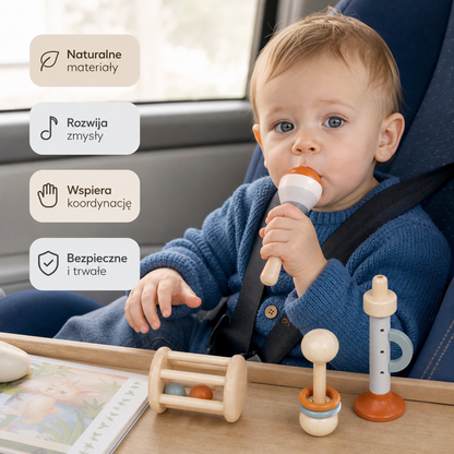 Montessori – drewniany zestaw muzyczny dla niemowląt, 5-elementowy zestaw sensorycznych grzechotek