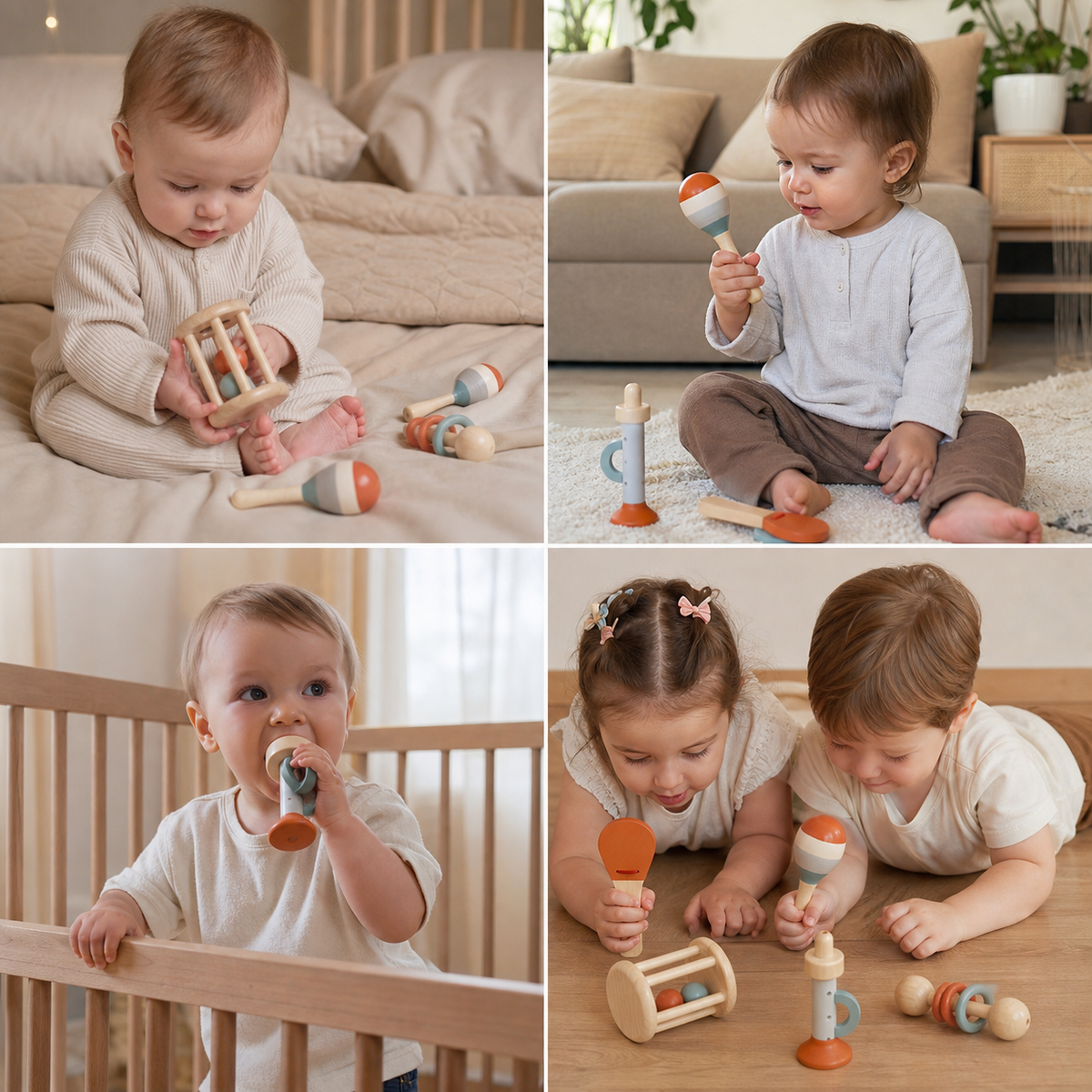 Montessori – drewniany zestaw muzyczny dla niemowląt, 5-elementowy zestaw sensorycznych grzechotek