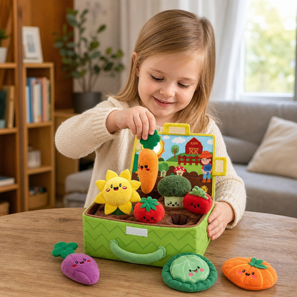 Montessori – sensoryczny ogródek dla niemowląt z pluszowymi owocami i warzywami, grzechotką, lusterkiem i piszczałką