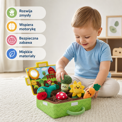 Montessori – sensoryczny ogródek dla niemowląt z pluszowymi owocami i warzywami, grzechotką, lusterkiem i piszczałką