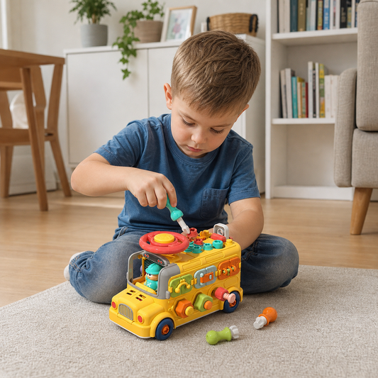 Montessori – autobus z elementami do przykręcania 7 w 1 – zabawka edukacyjna do rozwijania zdolności konstrukcyjnych i małej motoryki
