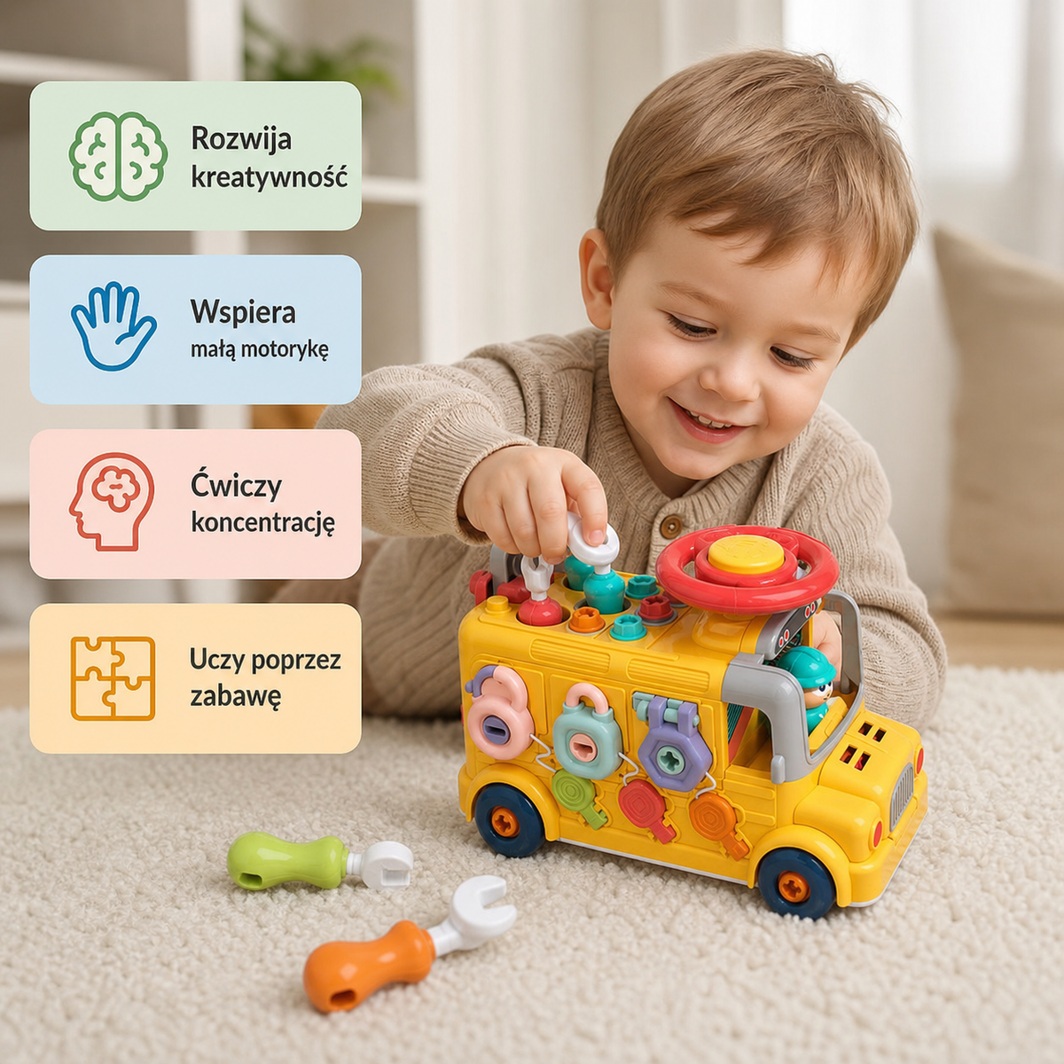 Montessori – autobus z elementami do przykręcania 7 w 1 – zabawka edukacyjna do rozwijania zdolności konstrukcyjnych i małej motoryki