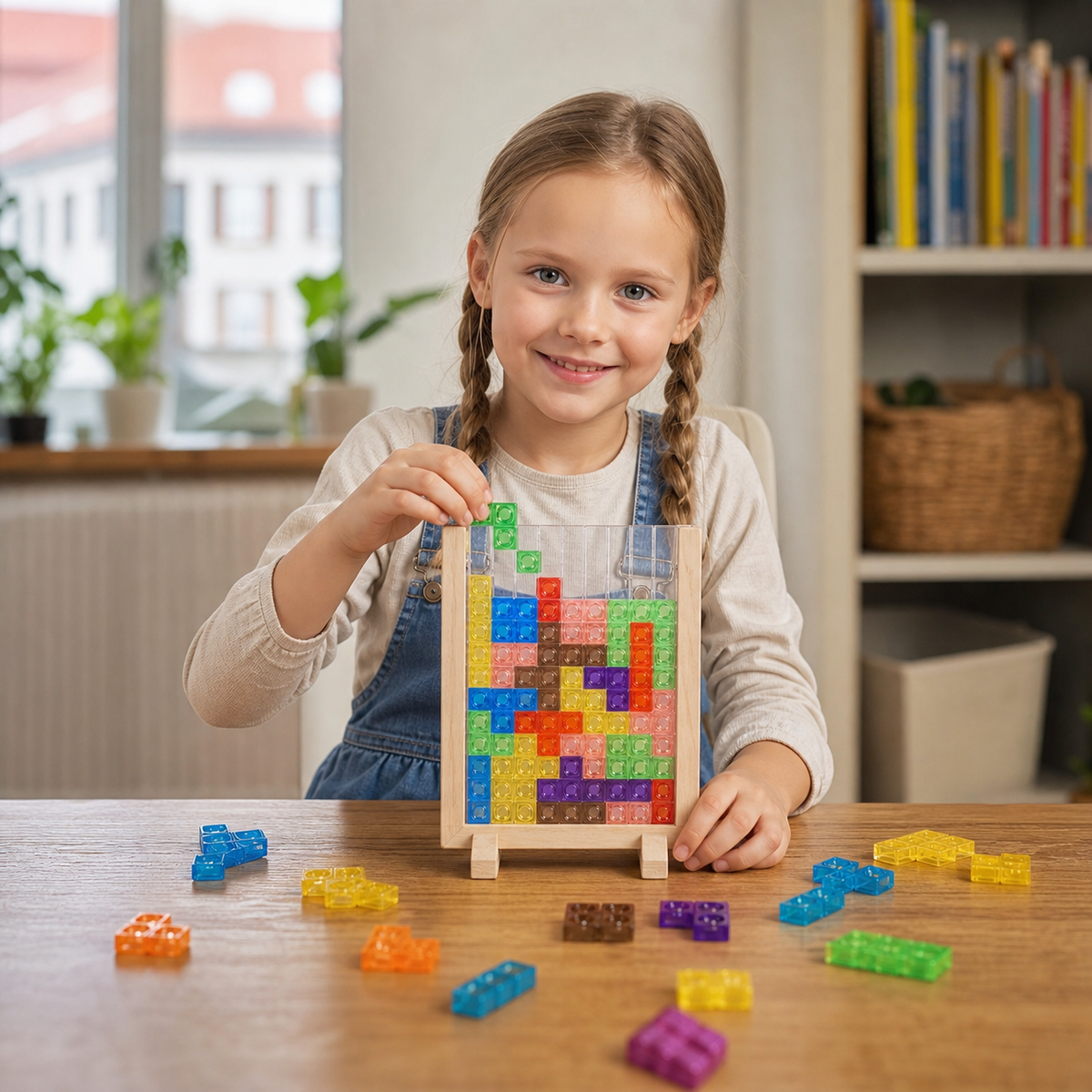 3D układanka z kolorowymi klockami w drewnianej ramce – zabawka edukacyjna Montessori