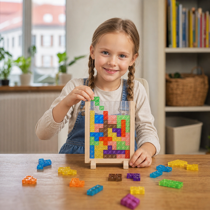 3D układanka z kolorowymi klockami w drewnianej ramce – zabawka edukacyjna Montessori