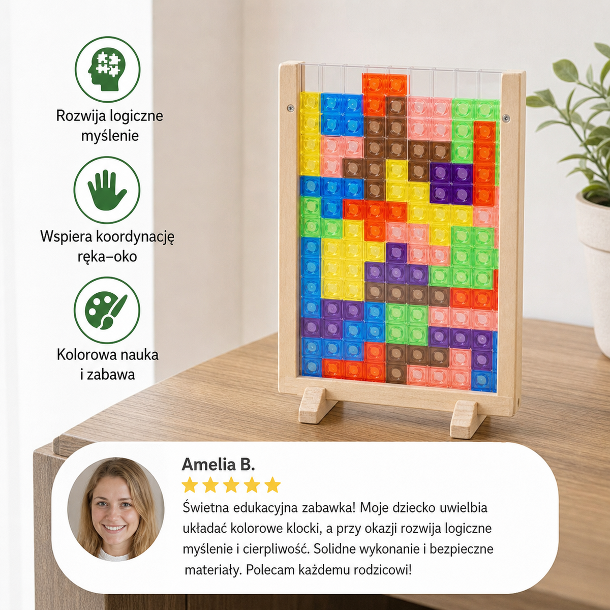 3D układanka z kolorowymi klockami w drewnianej ramce – zabawka edukacyjna Montessori