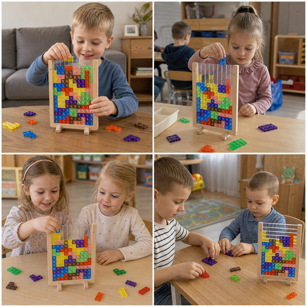 3D układanka z kolorowymi klockami w drewnianej ramce – zabawka edukacyjna Montessori