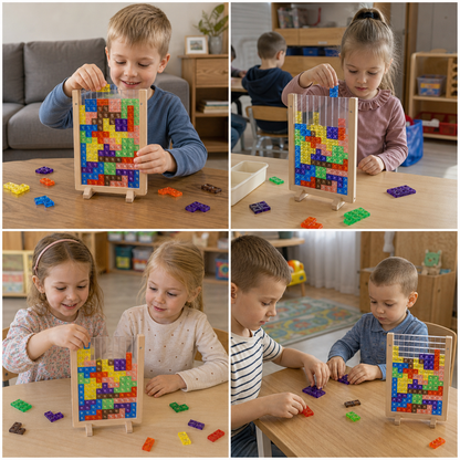 3D układanka z kolorowymi klockami w drewnianej ramce – zabawka edukacyjna Montessori