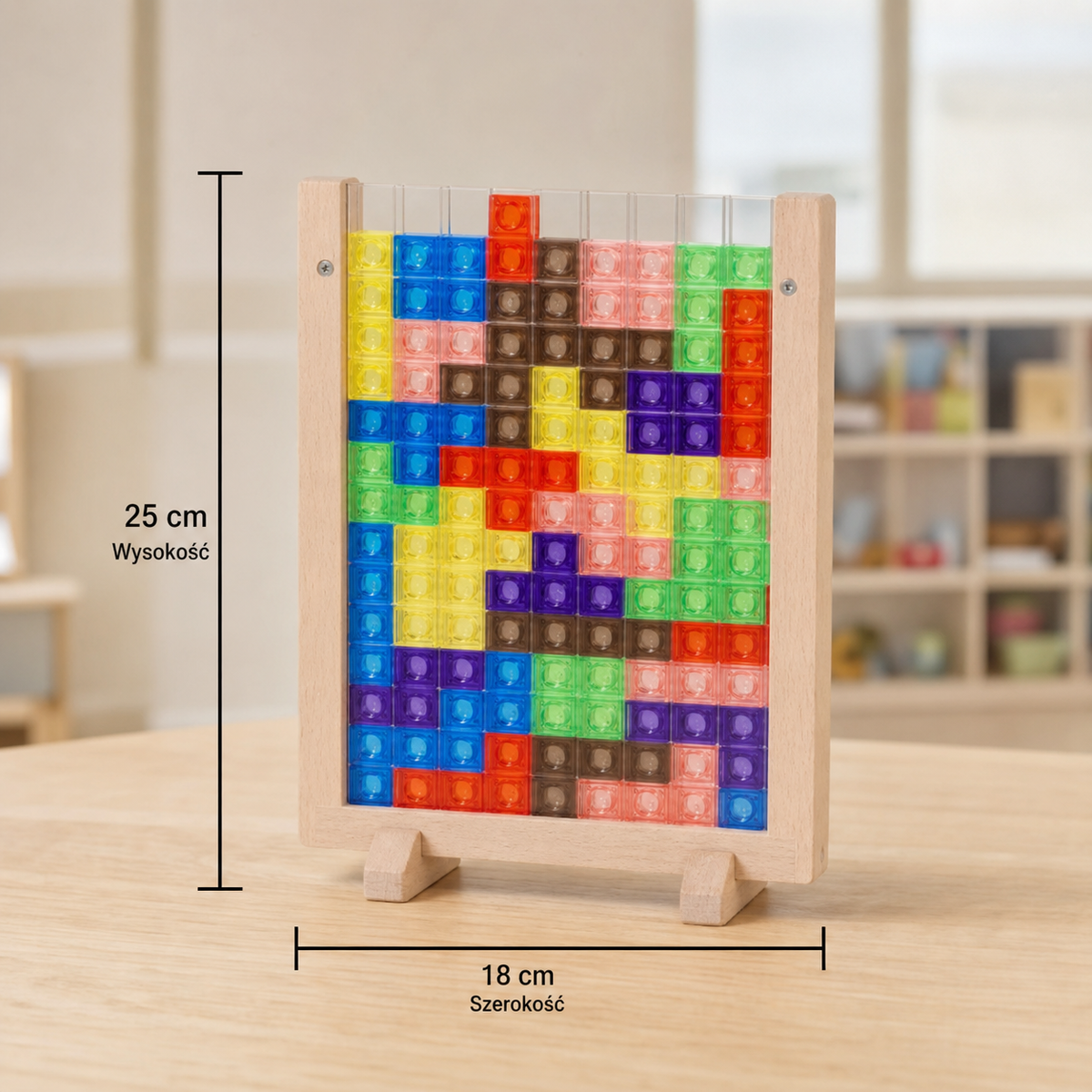 3D układanka z kolorowymi klockami w drewnianej ramce – zabawka edukacyjna Montessori