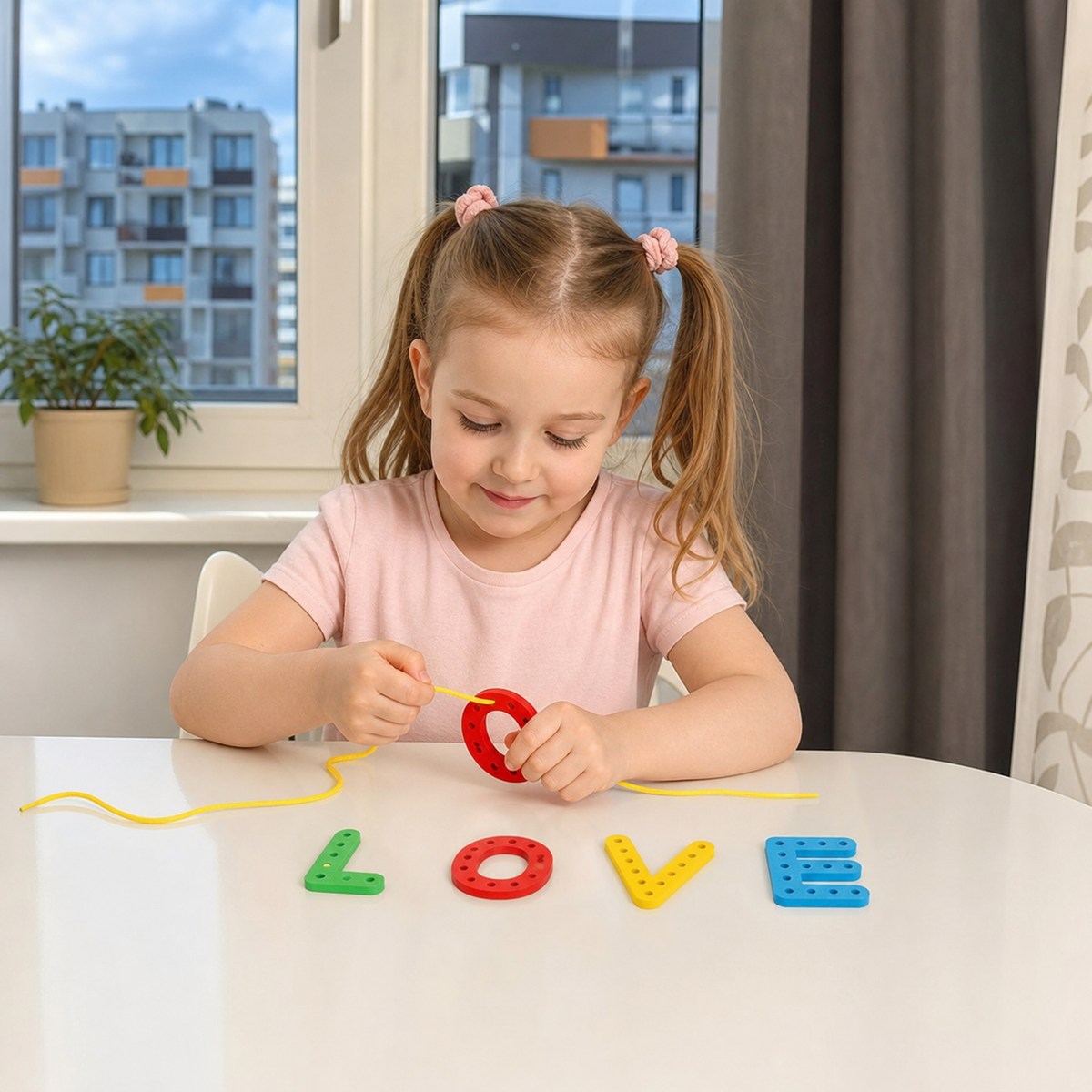 Drewniana zabawka edukacyjna do nawlekania liter i cyfr