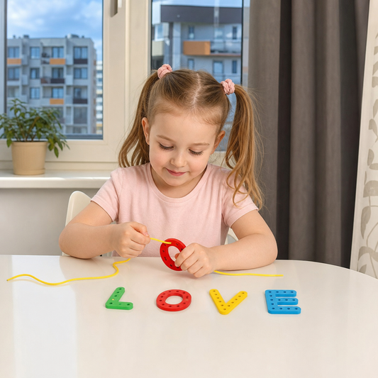 Drewniana zabawka edukacyjna do nawlekania liter i cyfr