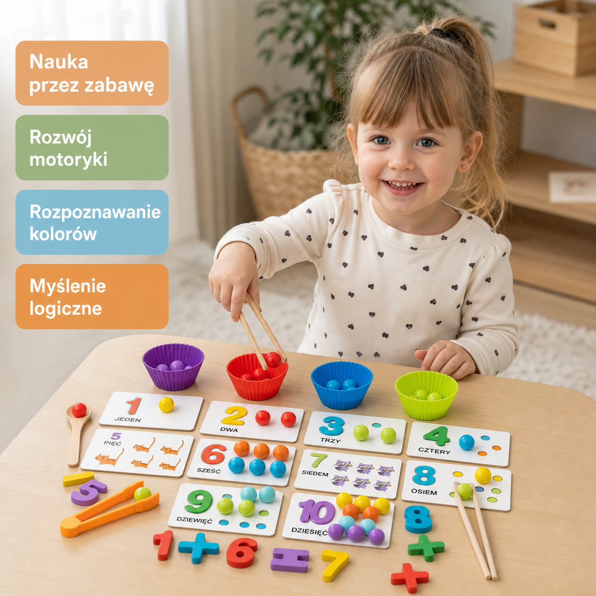 Montessori zestaw z kulkami do nauki liczenia oraz sortowania kolorów i cyfr