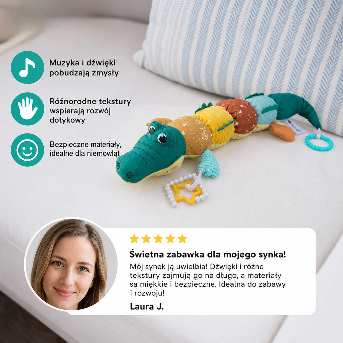 Sensoryczna pluszowa grzechotka i grający krokodyl