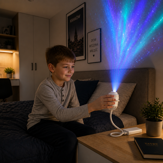 Ściemnialny projektor galaktyki NightSky USB z gwiazdami i efektem zorzy polarnej