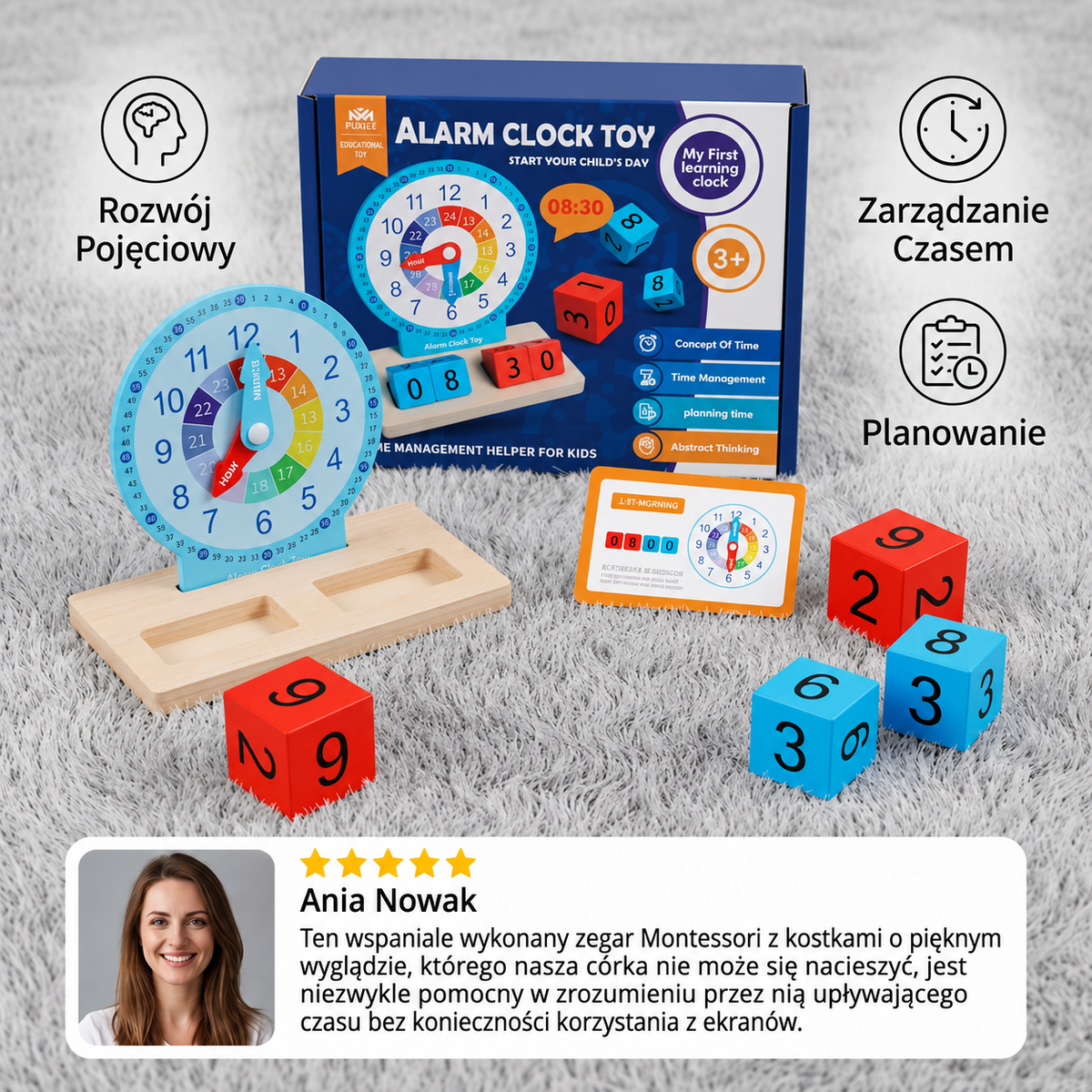 Edukacyjny zegar Montessori – zabawka do nauki godzin i czasu