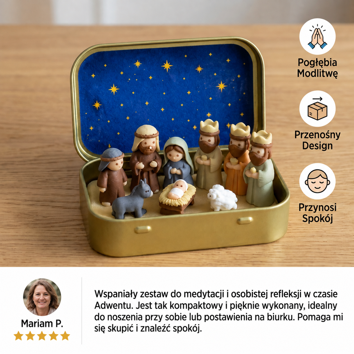 Mini szopka bożonarodzeniowa w pudełku – zestaw ręcznie malowanych figurek świątecznych